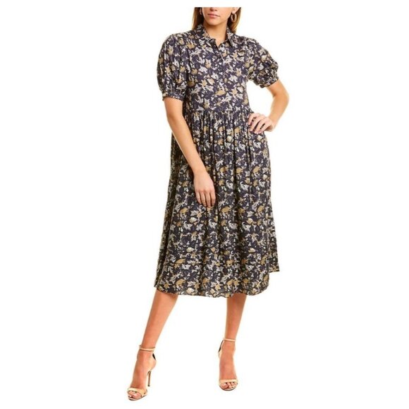 Garre B Women's Floral Midi Dress Short Puff Sleeves Button-Down Sz XS - Picture 1 of 6